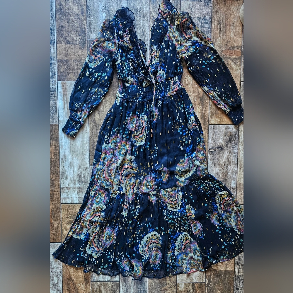 Anthropologie NWT Smocked Maxi Dress XS Petite Low V-Neck Stretch